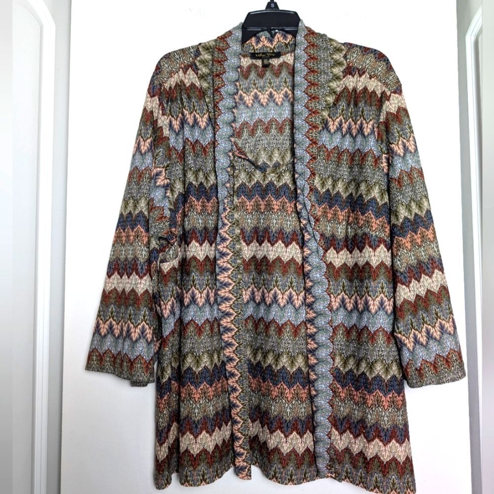 Melissa Paige open knit Top sz 3x lagenlook fall artsy w neck tie multi color